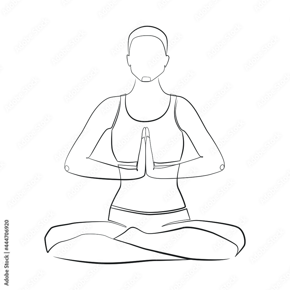 Sticker Woman sitting in lotus position line art on white isolated background - Stickers