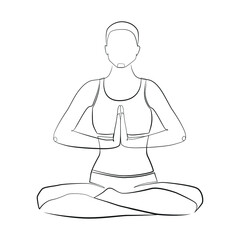 Woman sitting in lotus position line art on white isolated background