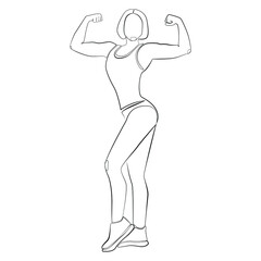 Woman bodybuilder demonstrates her figure line art on white isolated background