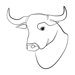 Bull head with horns close up one line drawing on white isolated background