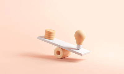 Idea vs coins on scales, Weights with light bulb and coins, minimal, 3d render.