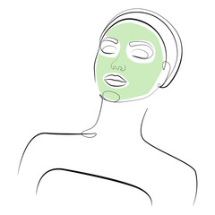 Young woman makes a home spa treatment for her face using a clay mask. Line art graphic style on white isolated background