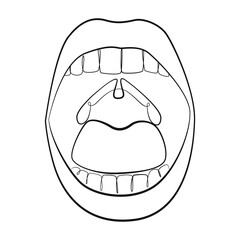 Open human oral cavity when examined by a doctor line drawing on white isolated background