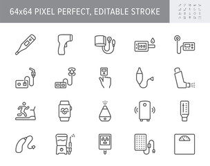 Personal medical devices line icons. Vector illustration include icon - thermometer, glucometer, insulin pump, outline pictogram for domestic health equipment. 64x64 Pixel Perfect, Editable Stroke