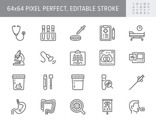 Medical check up line icons. Vector illustration include icon - radiology, stethoscope, xray, ultrasound, pcr, petri dish outline pictogram for health diagnostic. 64x64 Pixel Perfect, Editable Stroke