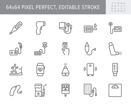 Personal Medical Devices Line Icons. Vector Illustration Include Icon - Thermometer, Glucometer, Insulin Pump, Outline Pictogram For Domestic Health Equipment. 64x64 Pixel Perfect, Editable Stroke