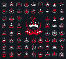 Heraldic Coat of Arms with crowns vector big set, vintage antique heraldic badges and awards collection, symbols in classic style design elements, family or business logos. © Sylverarts