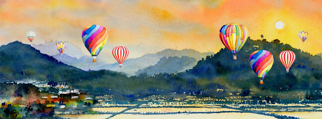 Watercolor landscape painting of hot air balloon, mountain and cornfield. - obrazy, fototapety, plakaty