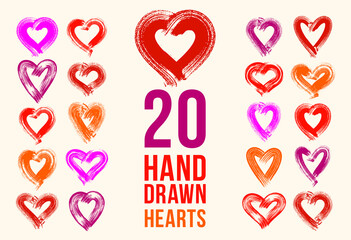 Hand drawn hearts vector logos or icons set, sketch doodle graphic design elements, brush stroke painted hearts symbols collection,