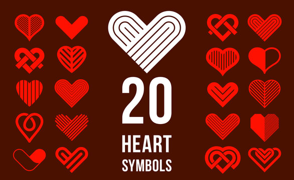 Hearts geometric linear logos vector icons or logotypes set, graphic design modern style elements, love care and charity geometrical symbols collection.