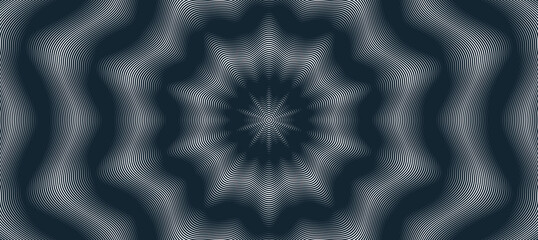 Abstract vector wave background made with linear Moire, op art effect surreal texture, sound and music waves theme, black and white grid abstraction.
