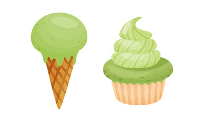 Green Matcha Dessert with Cupcake and Ice Cream in Waffle Cone Vector Set