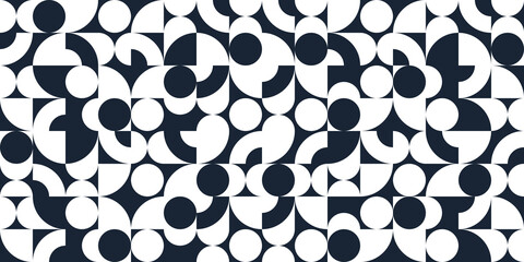 Geometric abstract seamless pattern with black and white simple elements of geometry, wallpaper background in retro 70s style, Bauhaus constructive style tiles.