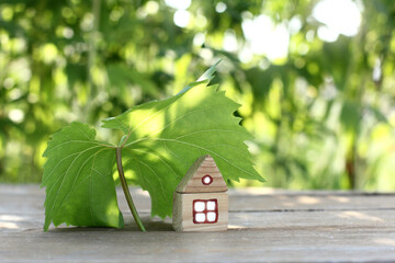 wooden house under a canopy of a large grape leaf on a plot in the garden. summer vacation in the shade