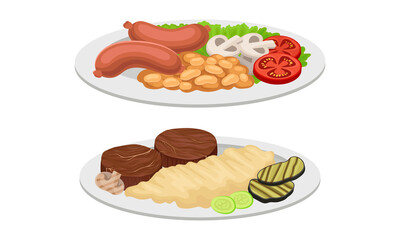 Fototapeta na wymiar Meat Dish with Patty Cakes and Sausages Served on Plate Vector Set