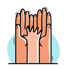 Two hands and small child palm protecting and showing care vector flat style illustration isolated on white, cherish and defense for childhood concept, charity.