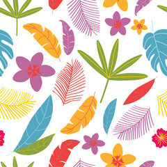Tropical pattern. Bright vector background with tropical leaves and flowers in flat hand drawn style. Design for textiles, children's clothing, bedding, stationery, wallpaper.
