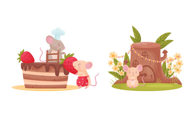 Pair of Cute Mice Decorating Cake with Strawberry and Sitting Near Stump House Vector Set