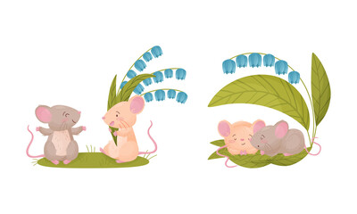 Pair of Cute Mice Sleeping on Green Leaf and Holding Flower Bouquet Vector Set