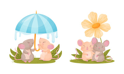 Fototapeta premium Pair of Cute Mice Sitting Under Umbrella and Embracing Vector Set