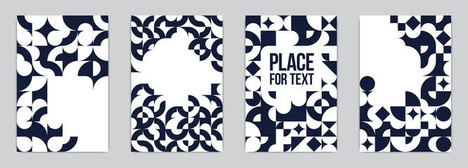 Geometric design covers vector set, black and white modular constructor design backgrounds, flyer templates in retro 70s style, art pattern square and circle shapes.