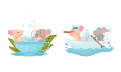 Pair of Cute Mice Sailing on Boat and Bathing in Cup Vector Set
