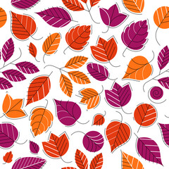 Stylish cartoon autumn leaves seamless vector pattern, endless wallpaper or textile swatch with tree floral, red fall life theme.