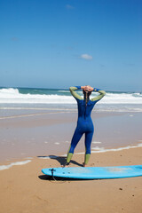 Surf girl relax at beach, portugal summer vacations, sport time