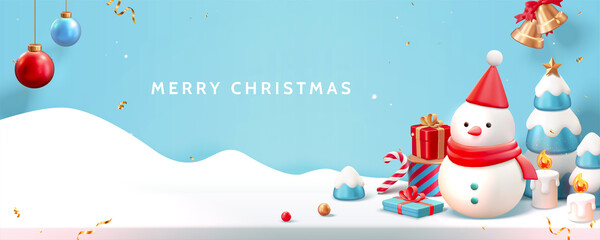 Blue Merry Christmas banner in 3d