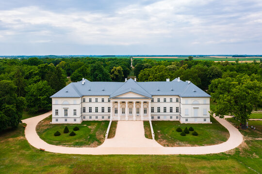 Aerial view about Festetics Castle in Deg which is the only classicist castle in Fejer County. The castle is surrounded by the largest English park in Hungary.