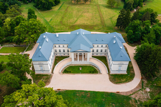 Aerial view about Festetics Castle in Deg which is the only classicist castle in Fejer County. The castle is surrounded by the largest English park in Hungary.