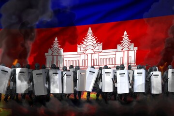 Cambodia protest fighting concept, police swat in heavy smoke and fire protecting country against revolt - military 3D Illustration on flag background