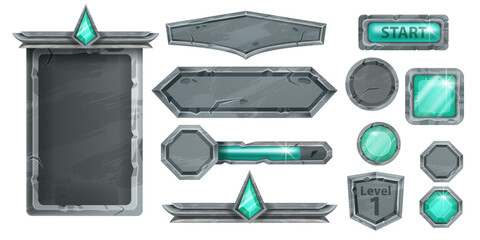 Stone UI game vector kit, medieval rock signboard, menu frame, gemstone emerald button, level up shield. Ancient cracked solid panel, green crystal, user interface elements. Stone game assets on white © Oleksandra