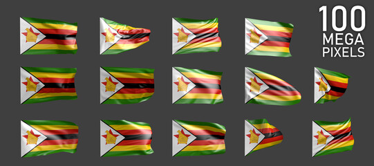 14 various images of Zimbabwe flag isolated on grey background - 3D illustration of object