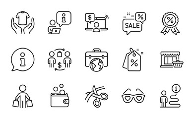 Fashion icons set. Included icon as Discount tags, Hold t-shirt, Buying process signs. Buyer, Online shopping, Discount medal symbols. Love glasses, Scissors, Discounts bubble. Marketplace. Vector
