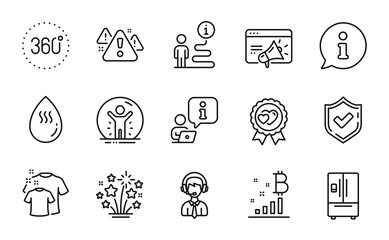 Line icons set. Included icon as Seo marketing, Fireworks stars, Hot water signs. 360 degrees, Warning, Bitcoin graph symbols. Love award, Recovered person, Refrigerator. Confirmed. Vector