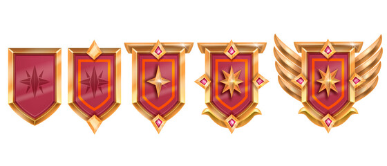 Golden game badge, vector rank medal award set, medieval level up shield achievement, red crystal, wings. UI RPG winner congratulation reward sign, rating royal emblem. Treasure game badge on white - obrazy, fototapety, plakaty