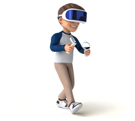 Fun 3D illustration of a cartoon kid with a VR helmet