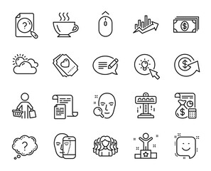 Vector set of Growth chart, Banking and Attraction line icons set. Swipe up, Search document and Documents icons. Face biometrics, Dollar exchange and Accounting signs. Growth chart web symbol. Vector