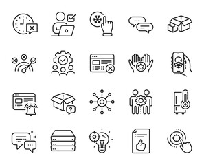 Vector set of Reject web, Refrigerator and Dots message line icons set. Teamwork, Favorite and Secret package icons. Correct answer, Internet notification and Approved document signs. Vector