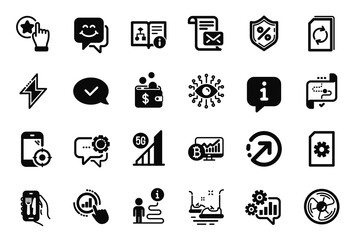 Vector Set of Technology icons related to Smile face, Approved message and Loan percent icons. 5g wifi, Artificial intelligence and Graph chart signs. Info bubble, journey path. Vector