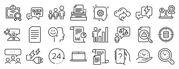 Set of Education icons, such as Business hierarchy, Quick tips, Laptop icons. Time management, Electricity plug, Good mood signs. Cogwheel, Cloud share, 24 hours. Documents, Typewriter. Vector