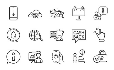 Line icons set. Included icon as Refill water, Money transfer, Search flight signs. Chef, Web search, Scroll down symbols. Verified locker, Road banner, Quick tips. Like app, Presentation. Vector