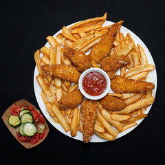Crispy menu with spicy wings, french fries and chili sauce on a black background.