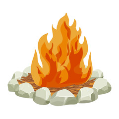 Fireplace, fire with wooden tree sticks,twigs and stones in cartoon style isolated on white background. Outdoor activity, campfire. 