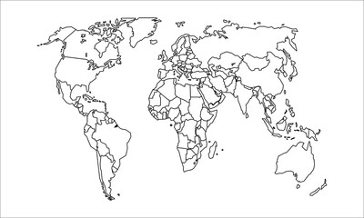 Detailed world map with borders of states. Isolated world map. Isolated on white background. Vector illustration.