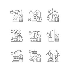 Fototapeta na wymiar Energy prices linear icons set. Hydro, wind power production cost. Expense for sustainable generation. Customizable thin line contour symbols. Isolated vector outline illustrations. Editable stroke