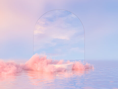 Natural beauty podium backdrop for product display with dreamy cloud and arch frame. Romantic 3d seascape scene.