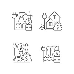 Electrical power cost linear icons set. Geothermal energy purchase. Electricity consumption. Customizable thin line contour symbols. Isolated vector outline illustrations. Editable stroke