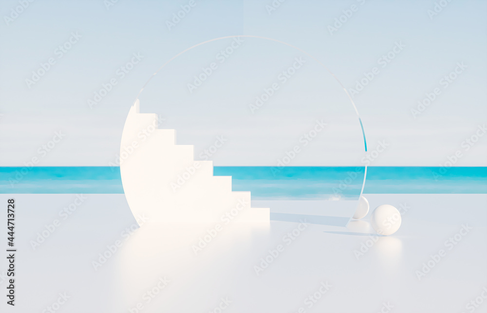 Poster abstract summer beach scene with white stair. 3d rendering.